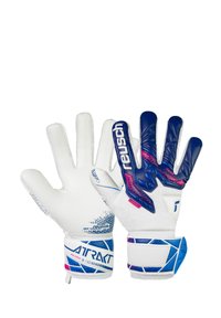 Witte keepershandschoenen met blauwe en roze accenten. Voorzien van een getextureerde blauwe latex palm, een verstevigde polsband en gedetailleerde grippatronen.