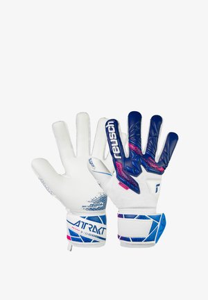 Weiße Torwarthandschuhe mit blauen und pinken Akzenten. Enthält eine strukturierte blaue Latexhandschuhfläche, ein verstärktes Handgelenkbündchen und detaillierte Griffmuster.
