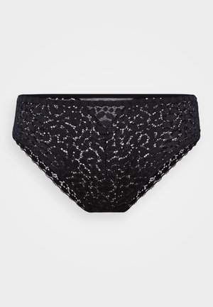 Zwarte kanten ondergoed met een bloemenpatroon, voorzien van een elastische tailleband en gekartelde randen. Doorzichtige stof met een delicate textuur.