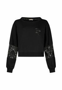 Sweatshirt noir court avec des accents en dentelle sur les manches, un col rond et un petit logo sur la poitrine. Texture de tissu douce.