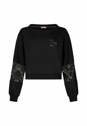 Črni skrajšani pulover s čipkastimi dodatki na rokavih, okroglim izrezom in majhno podrobnostjo logotipa na prsih. Mehka tekstura tkanine.