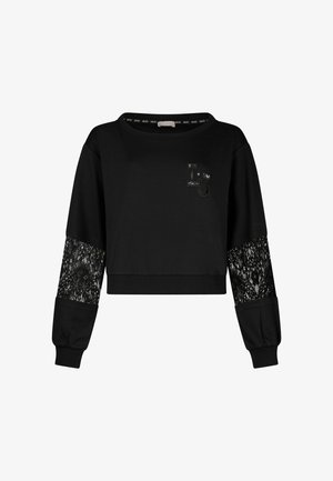 Zwarte cropped sweatshirt met kanten accenten op de mouwen, een ronde halslijn en een kleine logodetail op de borst. Zachte stoftextuur.