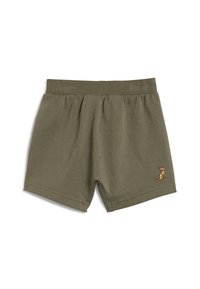 Olijfgroene katoenen shorts met een zachte textuur, voorzien van een elastieken tailleband en een klein geborduurd hondenicoon aan de onderlinkerkant.
