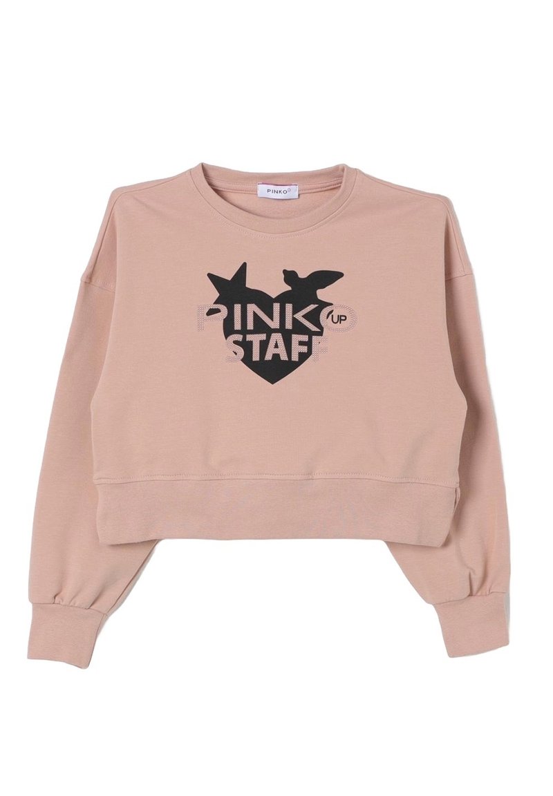 Felpa corta in tessuto rosa pallido con un design a forma di cuore nero, stelle e il testo "PINK UP STAFF". Maniche lunghe con polsini a costine.