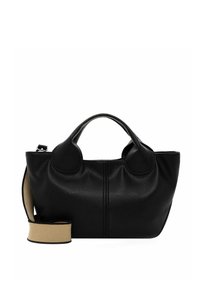 Sac à main en cuir noir avec poignées rondes, surface texturée et une bandoulière beige amovible. Présente une forme structurée et des coutures minimales.