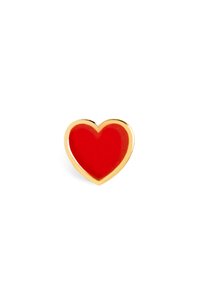 Spilla a forma di cuore in smalto rosso con contorno dorato, superficie liscia e bordi arrotondati, di dimensioni approssimative di 2 cm in altezza.
