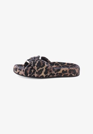 Leopardprint slippersandalen met een geknoopte voorkant. Gemaakt van zacht materiaal, met een platte zool en een gevoerde voetbed voor comfort.
