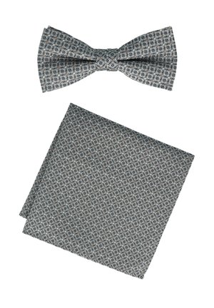 Gray bow tie and matching pocket square featuring a geometric pattern with subtle orange accents, smooth fabric, and symmetrical design.