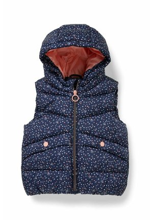 Marineblauwe, gewatteerde mouwloze bodywarmer met capuchon, roze stippen, bloemige accenten, rits aan de voorkant en roze drukknoopjes op de zakken.