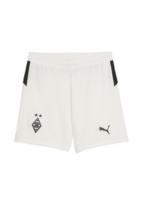 Białe szorty sportowe z czarnymi akcentami po bokach, z czarnym logo i dwoma gwiazdkami powyżej. Wykonane z lekkiego materiału z elastycznym pasem.