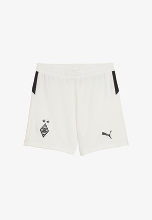 Pantalones cortos deportivos blancos con acentos laterales negros, que presentan un logo negro y dos estrellas encima. Elaborados con material ligero y con una cinturilla elástica.