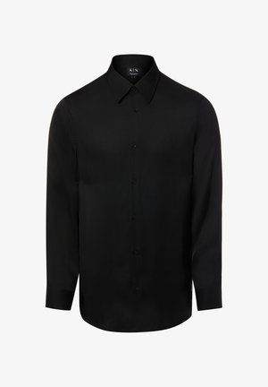 Schwarzes langärmliges Hemd mit Knopfleiste, spitzem Kragen, schmaler Passform und Armani Exchange-Label innen am Kragen.