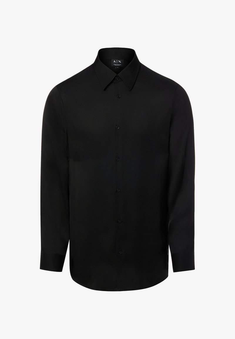 Camicia nera a maniche lunghe con bottoni, colletto a punta, vestibilità slim e etichetta Armani Exchange all'interno del colletto.