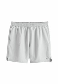 Shorts de sport gris clair avec taille élastique, poches latérales et petit logo sur la partie inférieure de la jambe gauche.