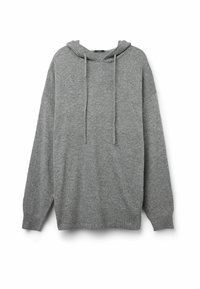 Hellgrau Kapuzenpullover mit Kängurutasche, Kordelzugkapuze und gerippten Bündchen. Weiches Material und lässiger Schnitt; minimalistisches Design.