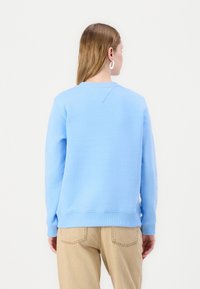 Lys blå sweatshirt med lange ermer, ribbestrikkede mansjetter og hel. Har et trekantet bakre yoke-detalj og myk, jevn tekstur.