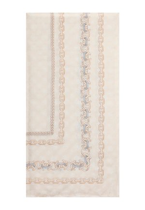 Tessuto beige con quattro motivi a catena distinti in morbide tonalità pesca e grigio disposti in linee parallele e angoli.