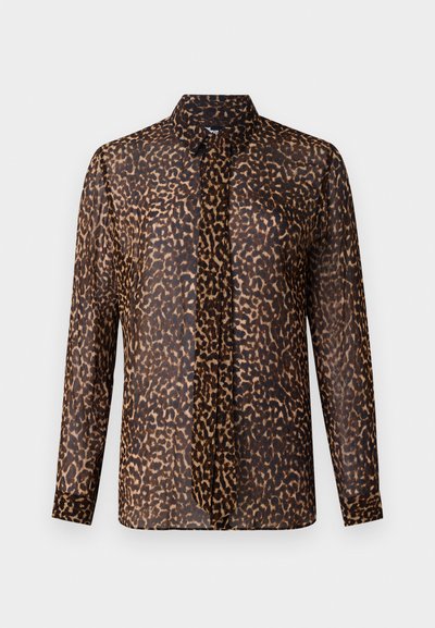 Leopard print blouse with a collar, long sleeves, and a button placket. Made of sheer, lightweight fabric in shades of brown and black.
