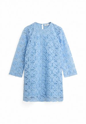 Hele sinine kleit läbipaistvast kangast, millel on lilletikandid, pikad varrukad ja ümar kaelus, mille taga on võtmeaugu avamine.