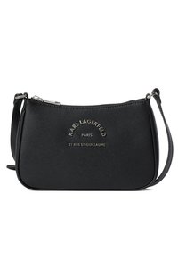 Borsa a tracolla nera realizzata in pelle texturizzata, con chiusura zip, forma piatta, logo impresso e tracolla staccabile.