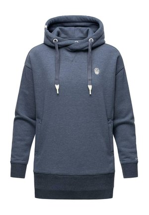 Mörkblå hoodie med ficka fram, dragsko i huvan, ribbade muddar och en liten logotyp på bröstet. Mjuk, texturerad tyg.