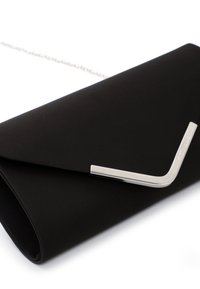 Black clutch made of smooth material, featuring a geometric silver-tone metal accent and a detachable chain strap. Rectangular shape.