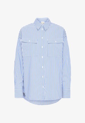 Gestreepte button-up shirt in lichtblauw en wit. Voorzien van twee voorzakken, een klassieke kraag en een ronde zoom met lange mouwen.