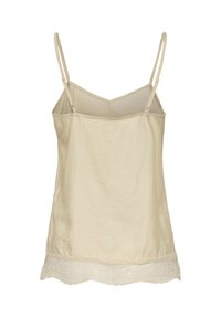 Haut caraco en satin beige avec fines bretelles réglables et bordure en dentelle le long de l'ourlet inférieur, présenté sur fond blanc.