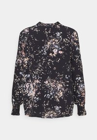 Blusa a maniche lunghe in tessuto nero con motivo floreale colorato. Caratterizzata da colletto e polsini arricciati. Leggera e dalla vestibilità leggermente ampia.
