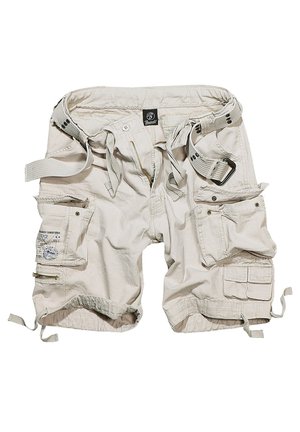 Bež kratke hlače iz bombaža, z več žepi, zankami za pas in nastavljivimi trakovi na robovih. Teksturirana tkanina.