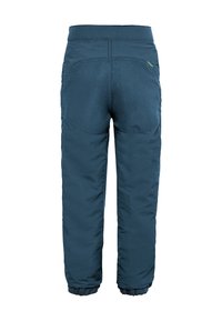 Blaue isolierte Hose mit elastischem Bund, gerippten Bündchen und großen Gesäßtaschen. Hergestellt aus glattem, strapazierfähigem Stoff mit matter Oberfläche.