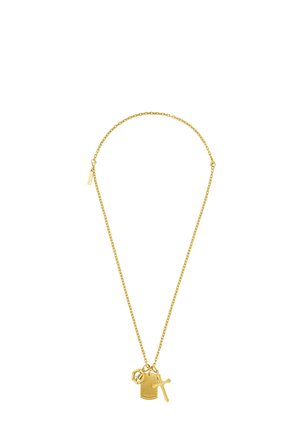 Gold chain necklace with three pendants: a hexagon shape, a dog tag, and a small cross.