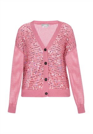 Rozā kardigāns ar saspraužamiem rotājumiem, V-veida kakla izgriezums, pilnas piedurknes un pogu aizdare. Iekšā ir strukturēts adījuma raksts.