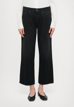Black wide-leg jeans made from denim, featuring a classic five-pocket design and a button closure. Smooth texture with subtle stitching details.