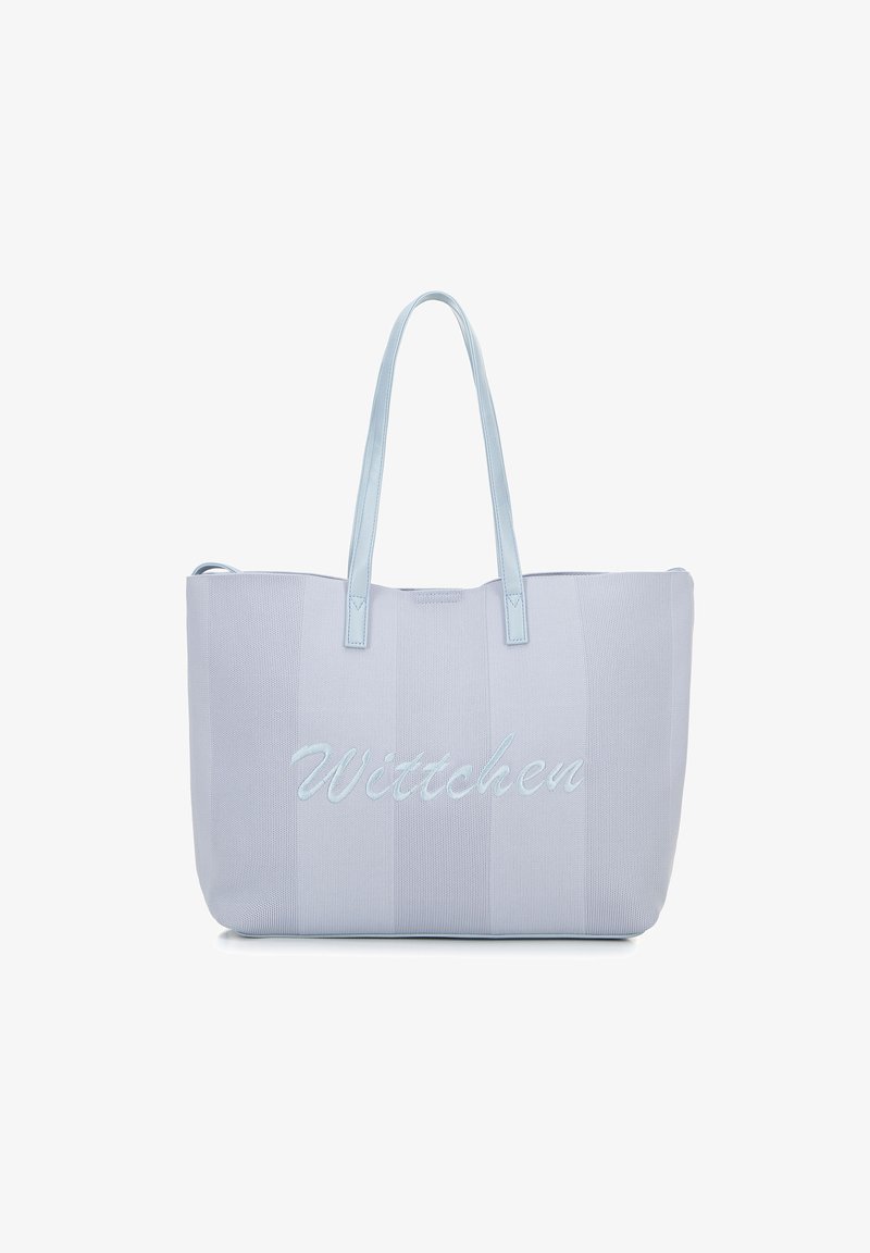 Borsa a spalla blu chiaro con tessuto texture, dotata di manici lunghi e logo ricamato "Wittchen" sul davanti. Forma rettangolare.