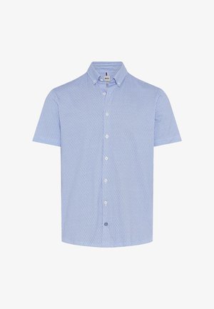 Lyseblå kortærmet skjorte med små gentagende geometriske mønstre og en spids krave, set forfra.