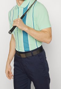 Polo shirt vert clair avec des rayures verticales bleues et blanches, associé à un pantalon marine et une ceinture noire. La personne tient un club de golf.