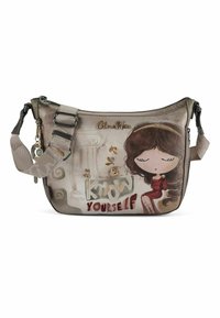 Mehrfarbige Handtasche aus weichem, strukturiertem synthetischem Material. Verziert mit einem verspielten Grafikdesign einer Mädchenfigur und dem Schriftzug "Know Yourself".