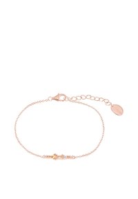 Braccialetto in oro rosa con una delicata catena, caratterizzato da gemme trasparenti e una chiusura a gancio. Include un piccolo targhetta con l'incisione del marchio.