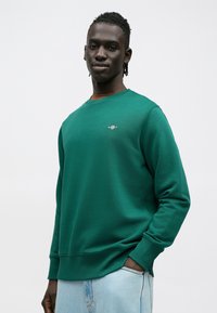 Πράσινο φούτερ από απαλό ύφασμα με στρογγυλή λαιμόκοψη και ριμπ μανσέτες. Διαθέτει μικρό λογότυπο στο στήθος και άνετη γραμμή.