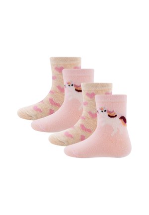 Four pairs of children's ankle socks, two pink with unicorn designs and two beige with pink heart patterns.