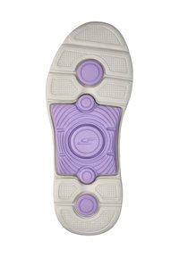 Schoenzool met een witte rubberen basis en een centrale lavendelkleurige sectie. Bevat gestructureerde oppervlakken en cirkelvormige accenten voor grip en ondersteuning.