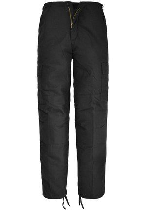 Schwarze Cargo-Hosen aus robustem Material mit Reißverschluss vorne, mehreren Seitentaschen und verstellbaren Knöchelzügen. Schlichtes Design ohne Muster.
