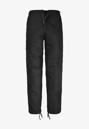 Black cargo pants made from durable material featuring zip fly, multiple side pockets, and adjustable ankle toggles. Simple design without patterns.