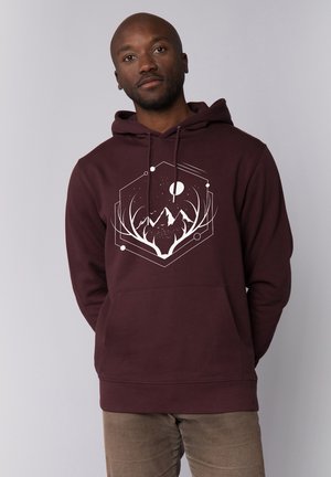 Bordeauxkleurige hoodie met een witte grafische afbeelding van bergen en geweien binnen een hexagoon. Bevat een voorzak en een capuchon met trekkoord. Gemaakt van een katoenmix.