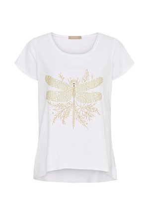 Hvid bomuld t-shirt med et guld libelle-design med detaljeret udsmykning. Rund hals og afslappet pasform med korte ærmer.