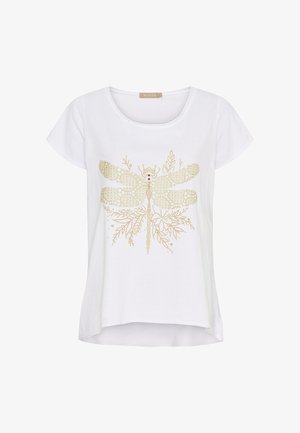 Hvid bomuld t-shirt med et guld libelle-design med detaljeret udsmykning. Rund hals og afslappet pasform med korte ærmer.