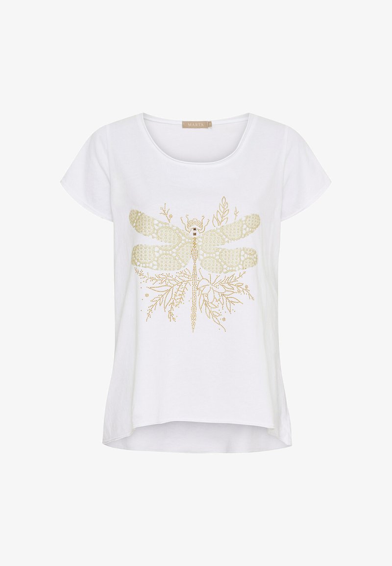 Hvid bomuld t-shirt med et guld libelle-design med detaljeret udsmykning. Rund hals og afslappet pasform med korte ærmer.