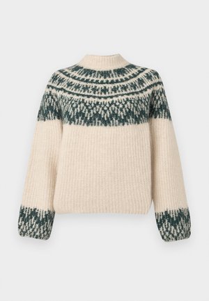 Pullover in crema con yoke a fantasia verde. Tessuto a coste, colletto rotondo e maniche a palloncino. Il motivo include forme geometriche ai polsini.