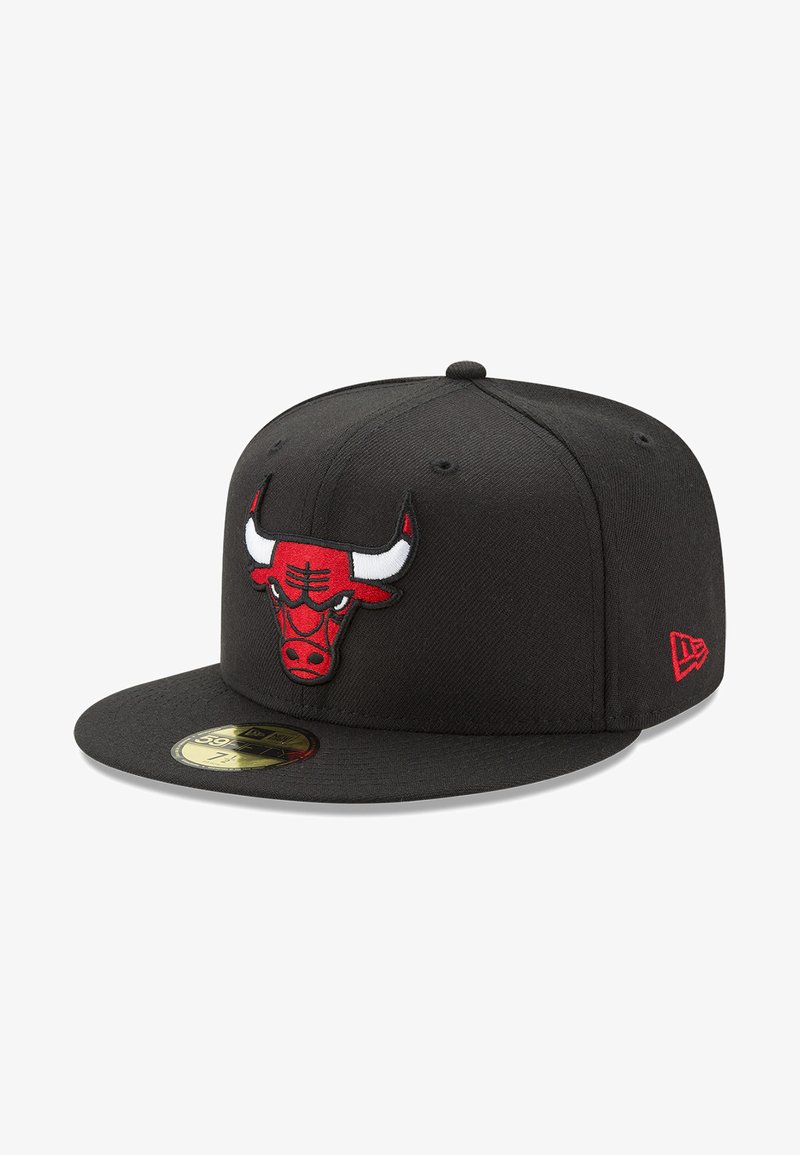Black fitted cap featuring a red and white embroidered Chicago Bulls logo on the front, with a flat brim and textured fabric.
